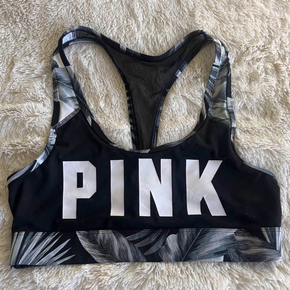 PINK Victoria's Secret Black and Gray Leaf Print Sports Bra